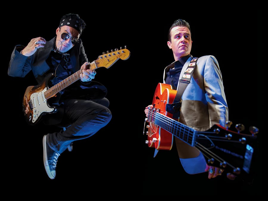 Two promo frames of the same guitarist on black: mid-jump with a sunburst electric guitar, and standing with a red hollow-body